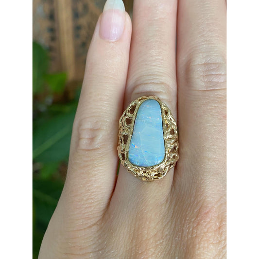Vintage Solid 14k Yellow Gold Opal Open Work Ring - Size 3.5