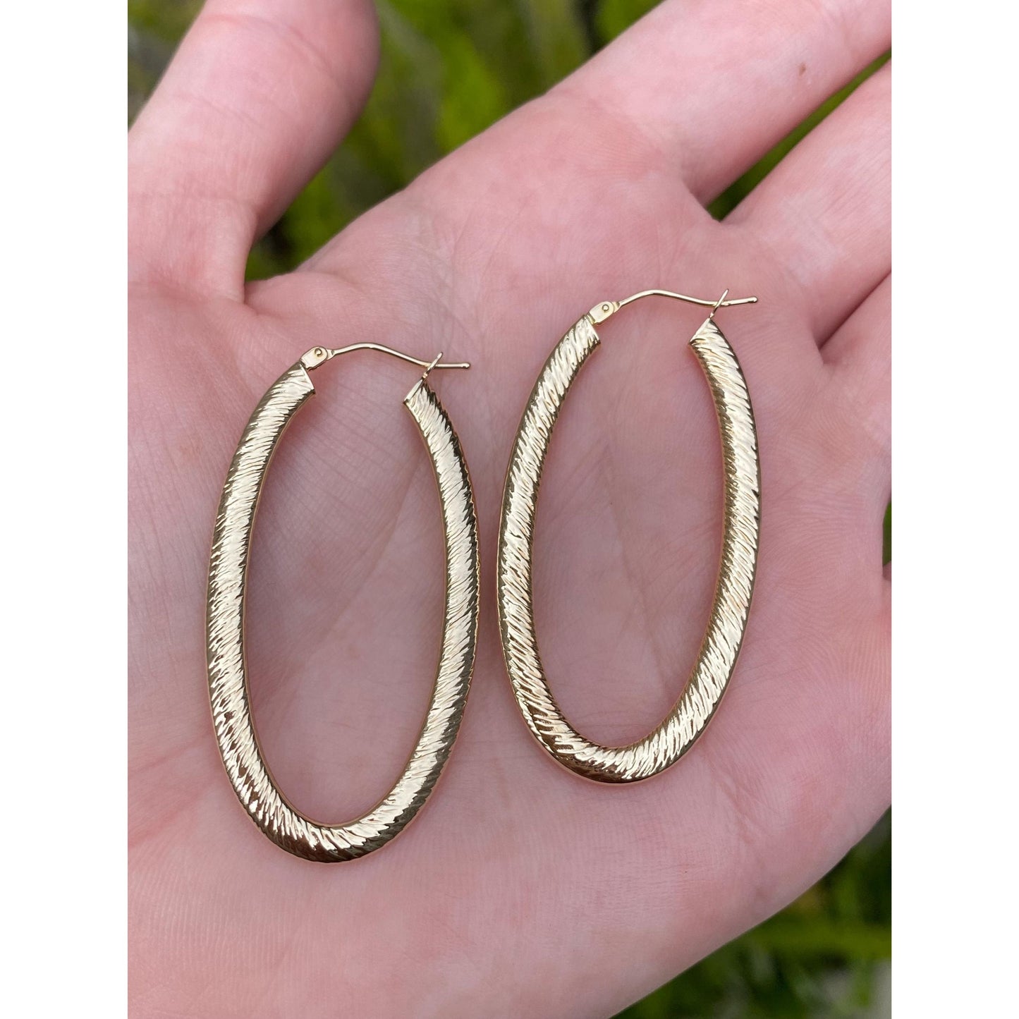 Vintage 14k Yellow Gold Long Textured Oval Hoop Earrings
