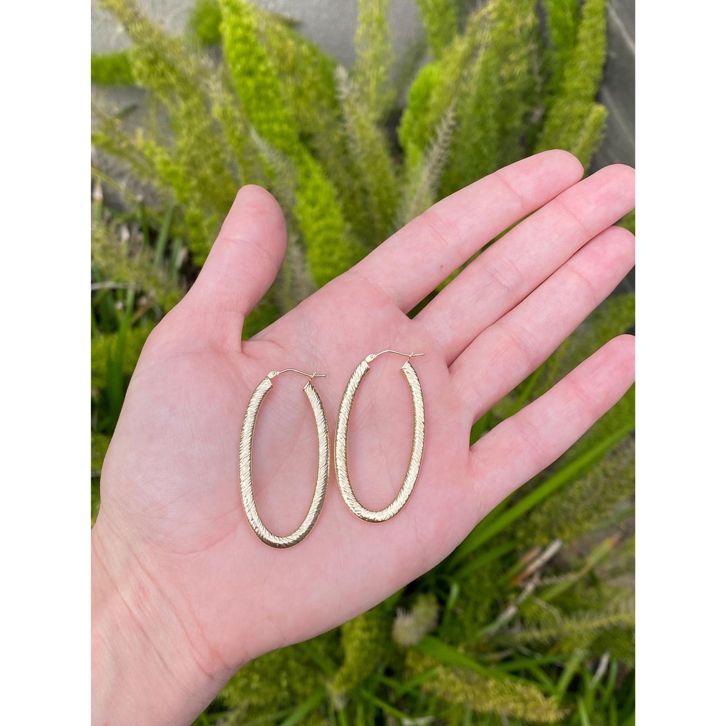 Vintage 14k Yellow Gold Long Textured Oval Hoop Earrings