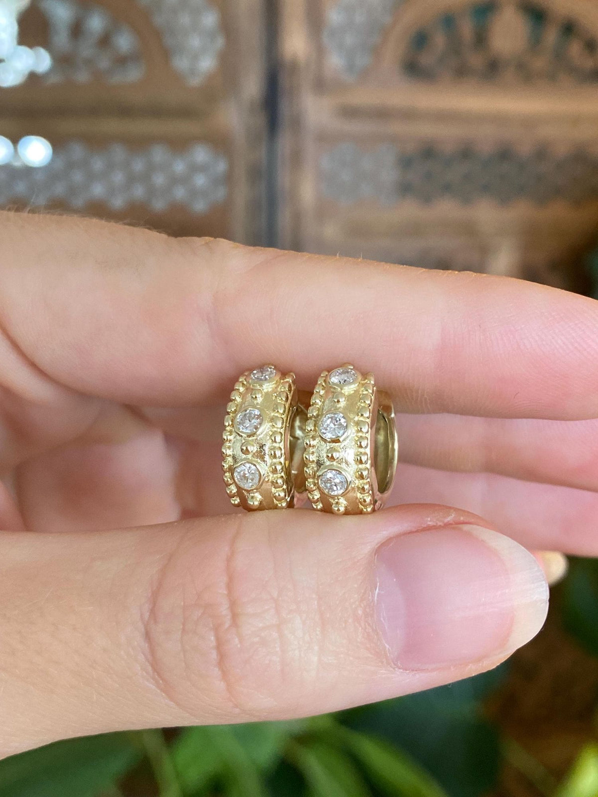 Vintage Solid 14k Yellow Gold Diamonds Chunky Designed Hoop Earrings