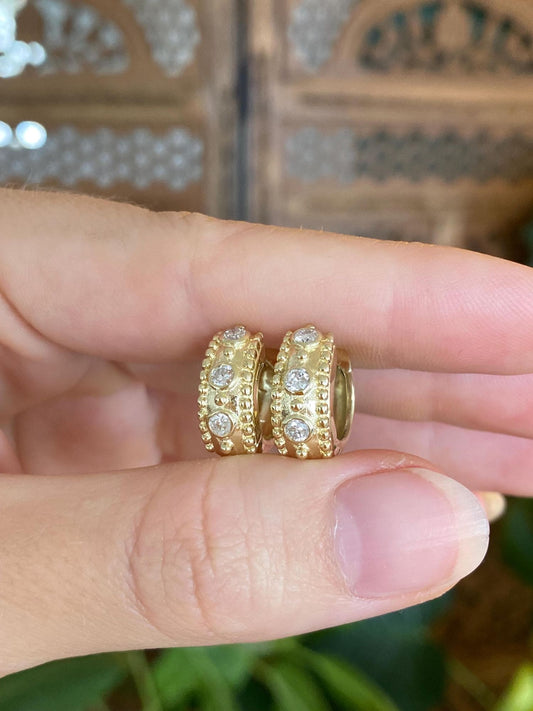 Vintage Solid 14k Yellow Gold Diamonds Chunky Designed Hoop Earrings