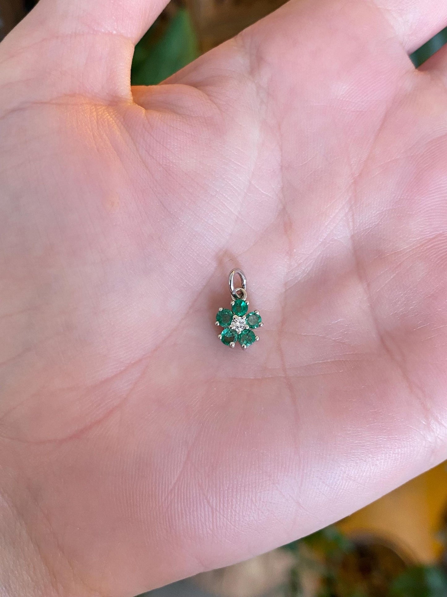 Vintage Solid 14k White Gold Emerald Halo Diamond Flower Charm