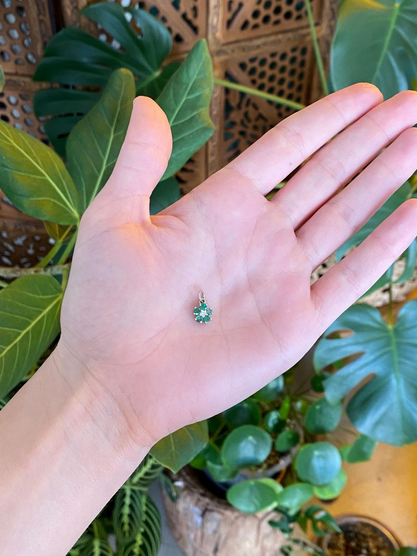 Vintage Solid 14k White Gold Emerald Halo Diamond Flower Charm