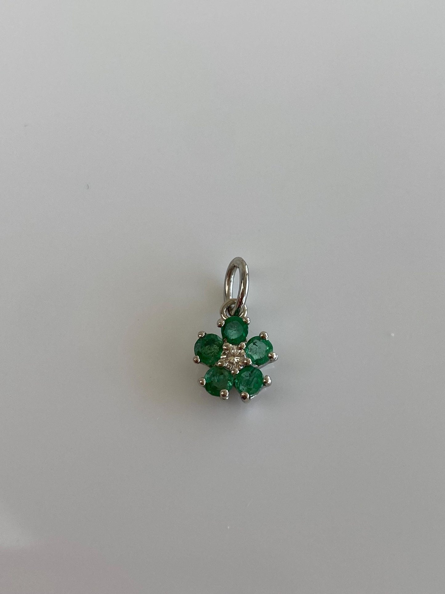 Vintage Solid 14k White Gold Emerald Halo Diamond Flower Charm