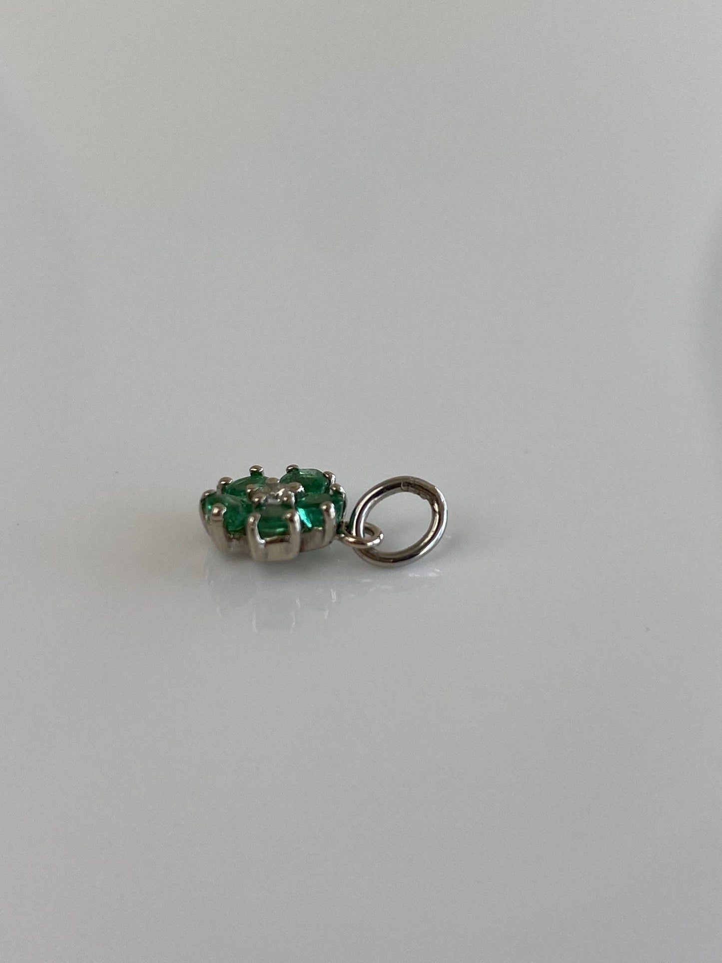 Vintage Solid 14k White Gold Emerald Halo Diamond Flower Charm