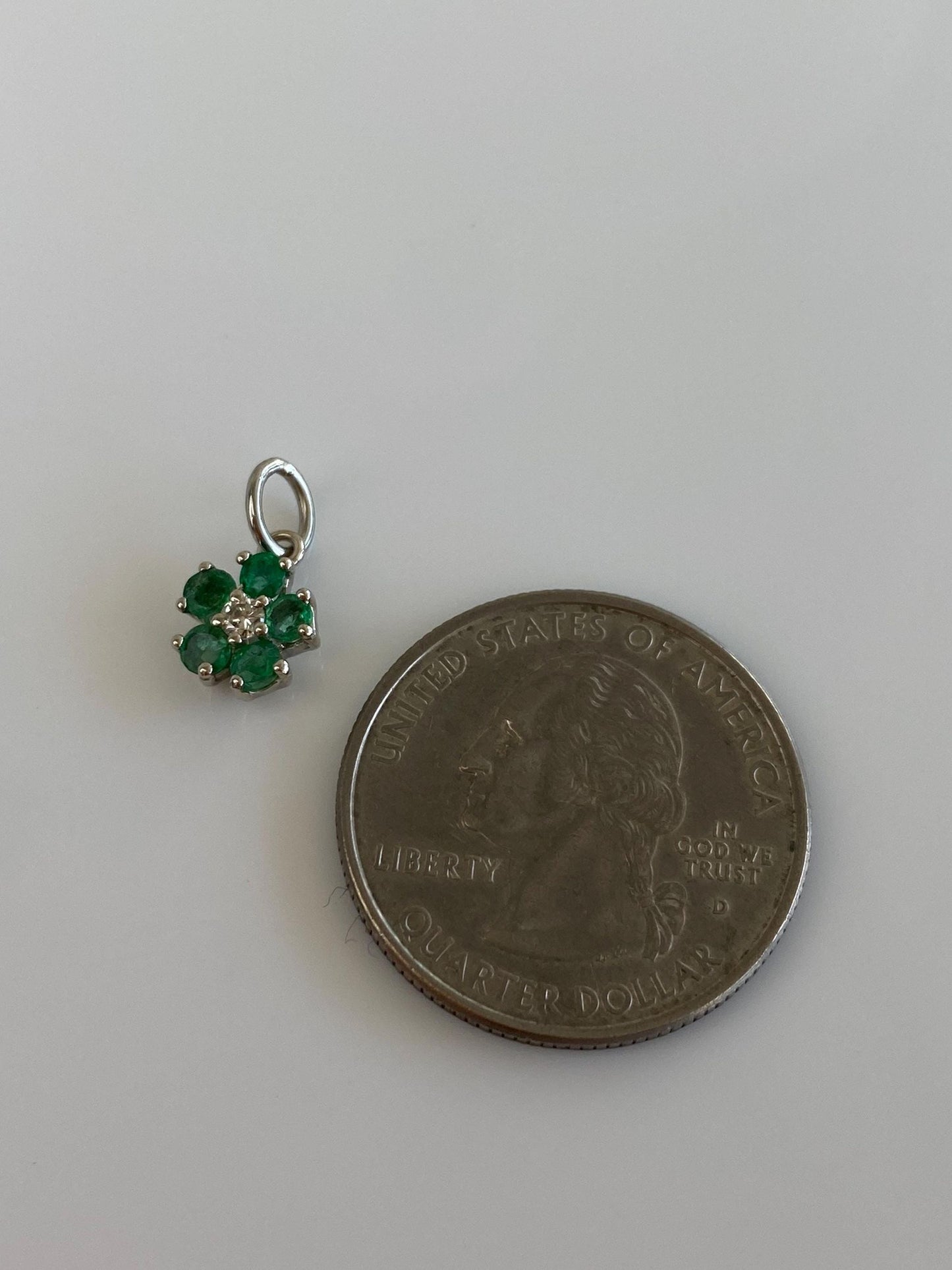 Vintage Solid 14k White Gold Emerald Halo Diamond Flower Charm