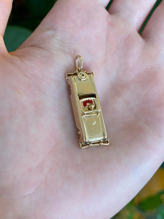 Vintage 14k Yellow Gold Red Enamel Articulated Car Charm