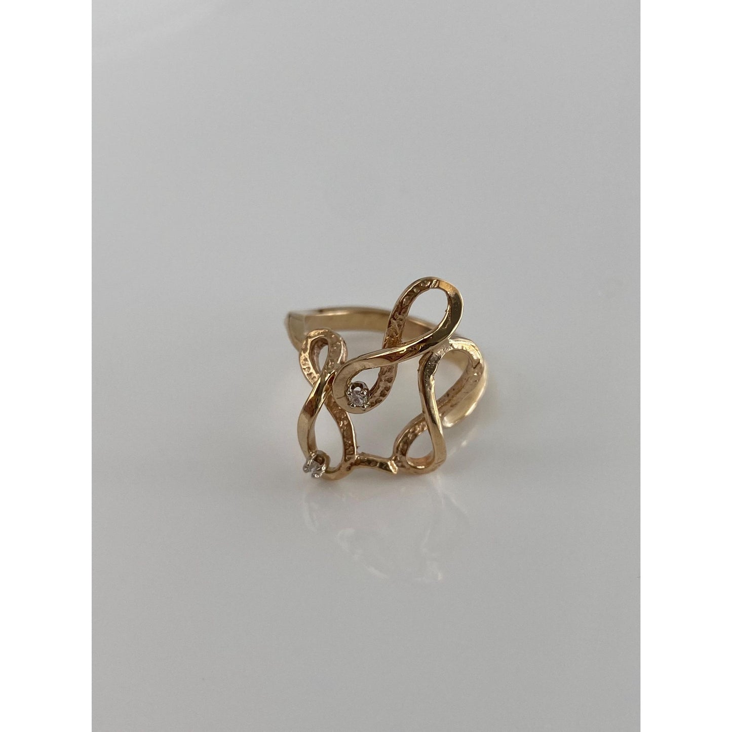 Vintage Solid 14k Yellow Gold Clear Sapphire Loops Ring - Size 6.5