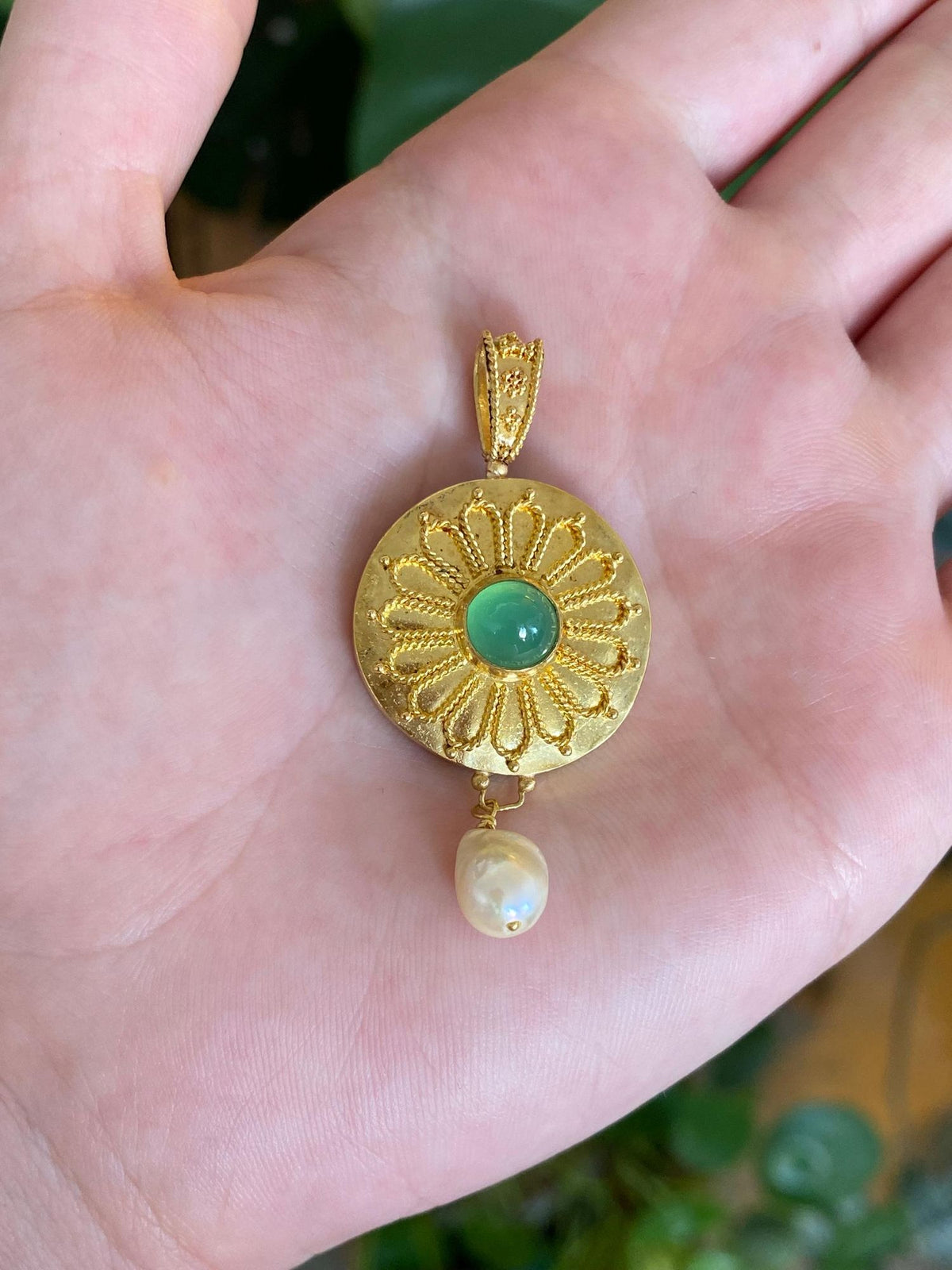 Vintage Solid 22k Yellow Gold Granuales Filigree Emerald Bullet Pearl Dangle Charm
