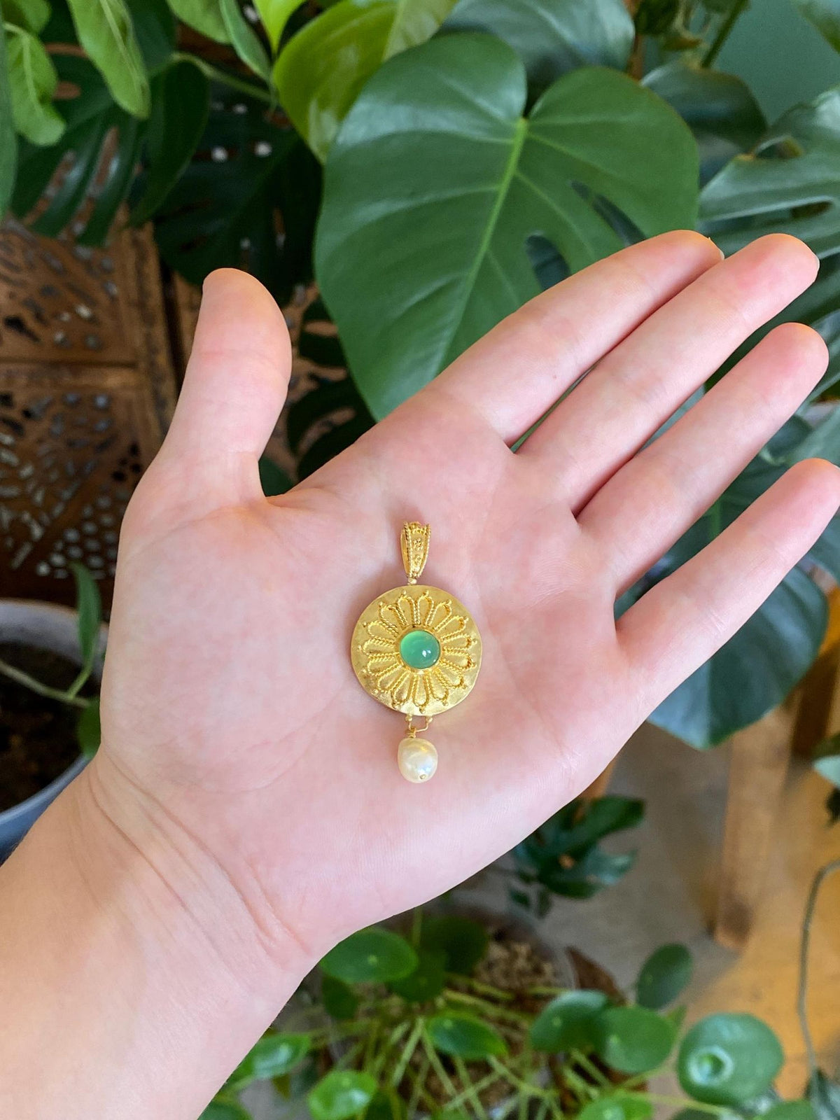 Vintage Solid 22k Yellow Gold Granuales Filigree Emerald Bullet Pearl Dangle Charm