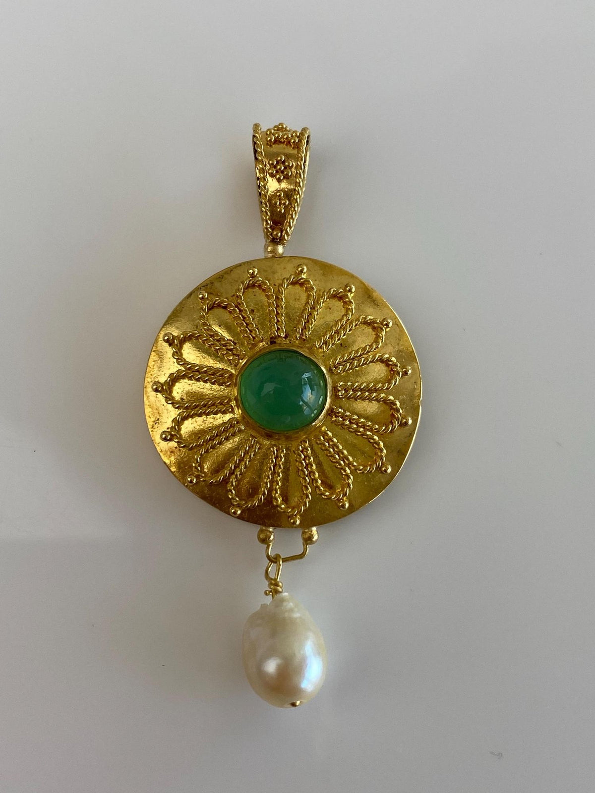 Vintage Solid 22k Yellow Gold Granuales Filigree Emerald Bullet Pearl Dangle Charm