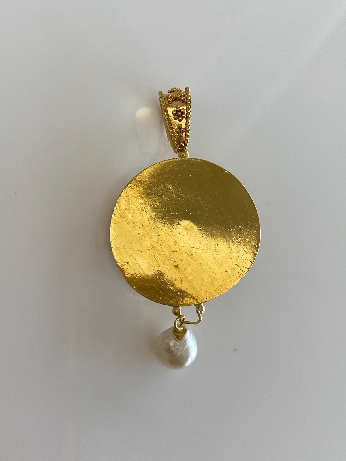 Vintage Solid 22k Yellow Gold Granuales Filigree Emerald Bullet Pearl Dangle Charm