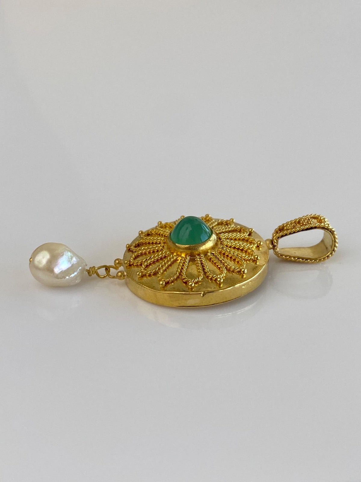 Vintage Solid 22k Yellow Gold Granuales Filigree Emerald Bullet Pearl Dangle Charm