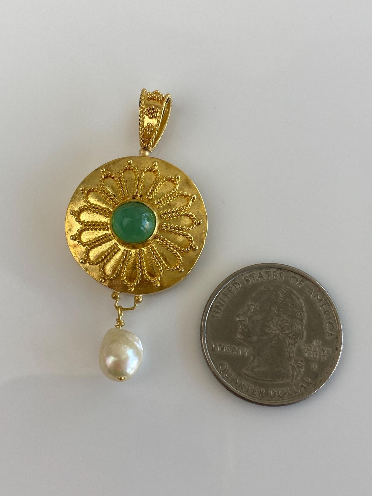 Vintage Solid 22k Yellow Gold Granuales Filigree Emerald Bullet Pearl Dangle Charm