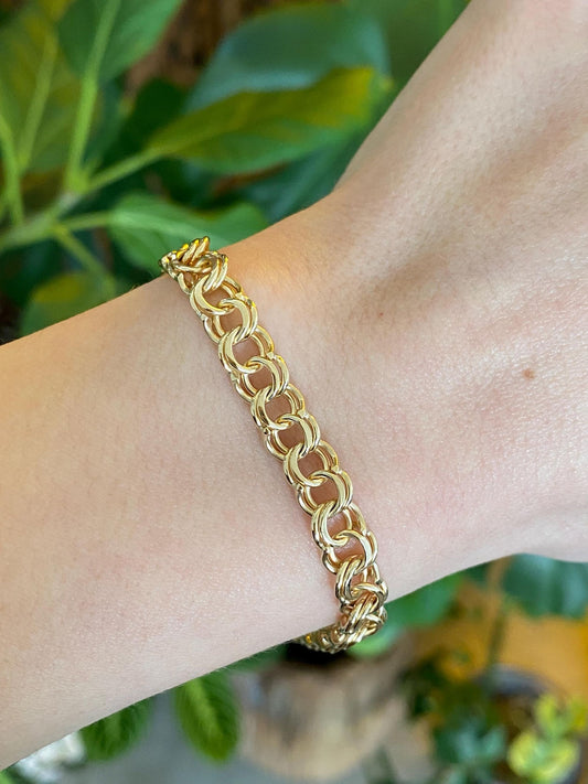 Vintage Solid 14k Yellow Gold Double Link Charm Bracelet - 7.25 inches
