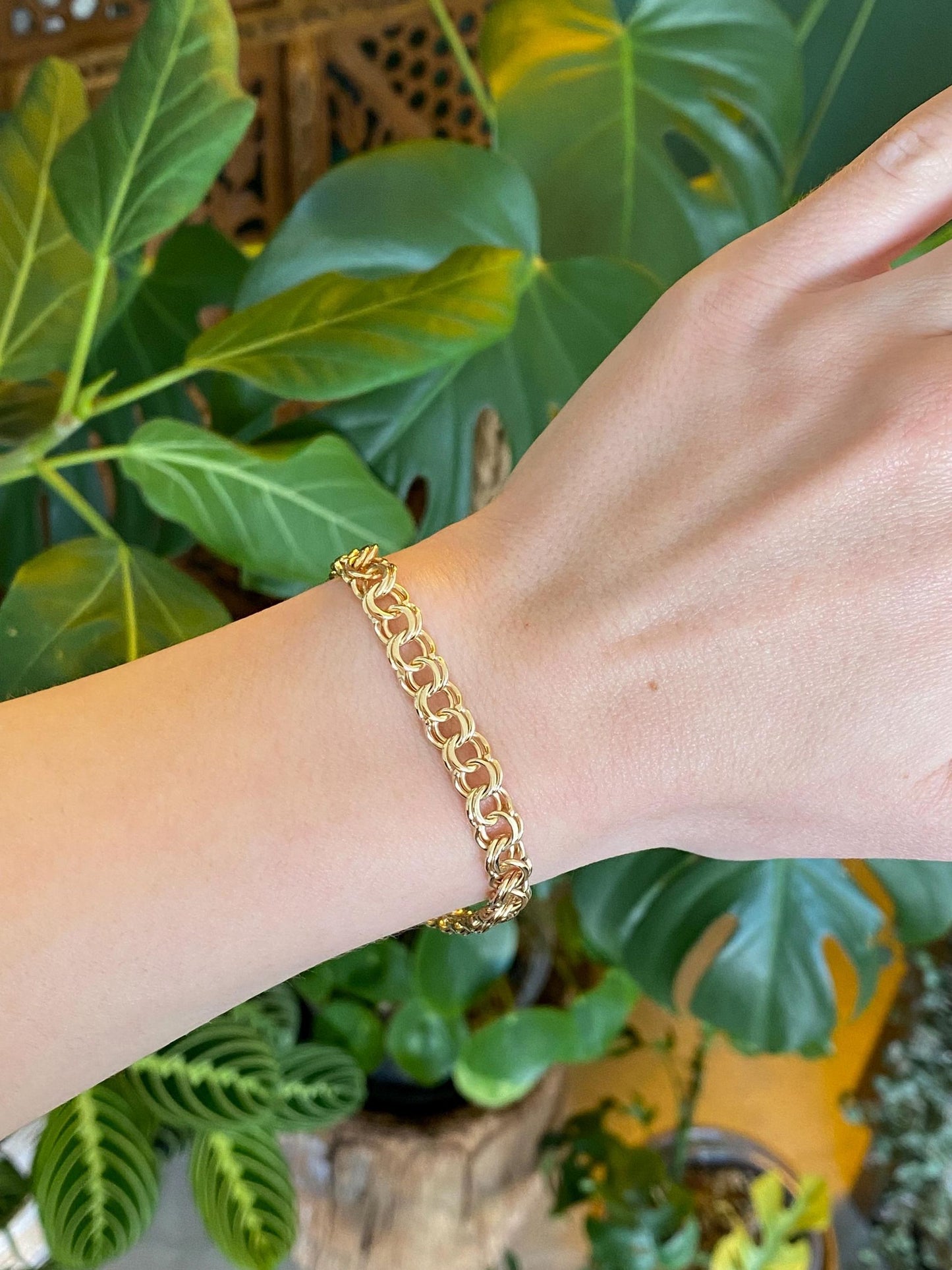 Vintage Solid 14k Yellow Gold Double Link Charm Bracelet - 7.25 inches