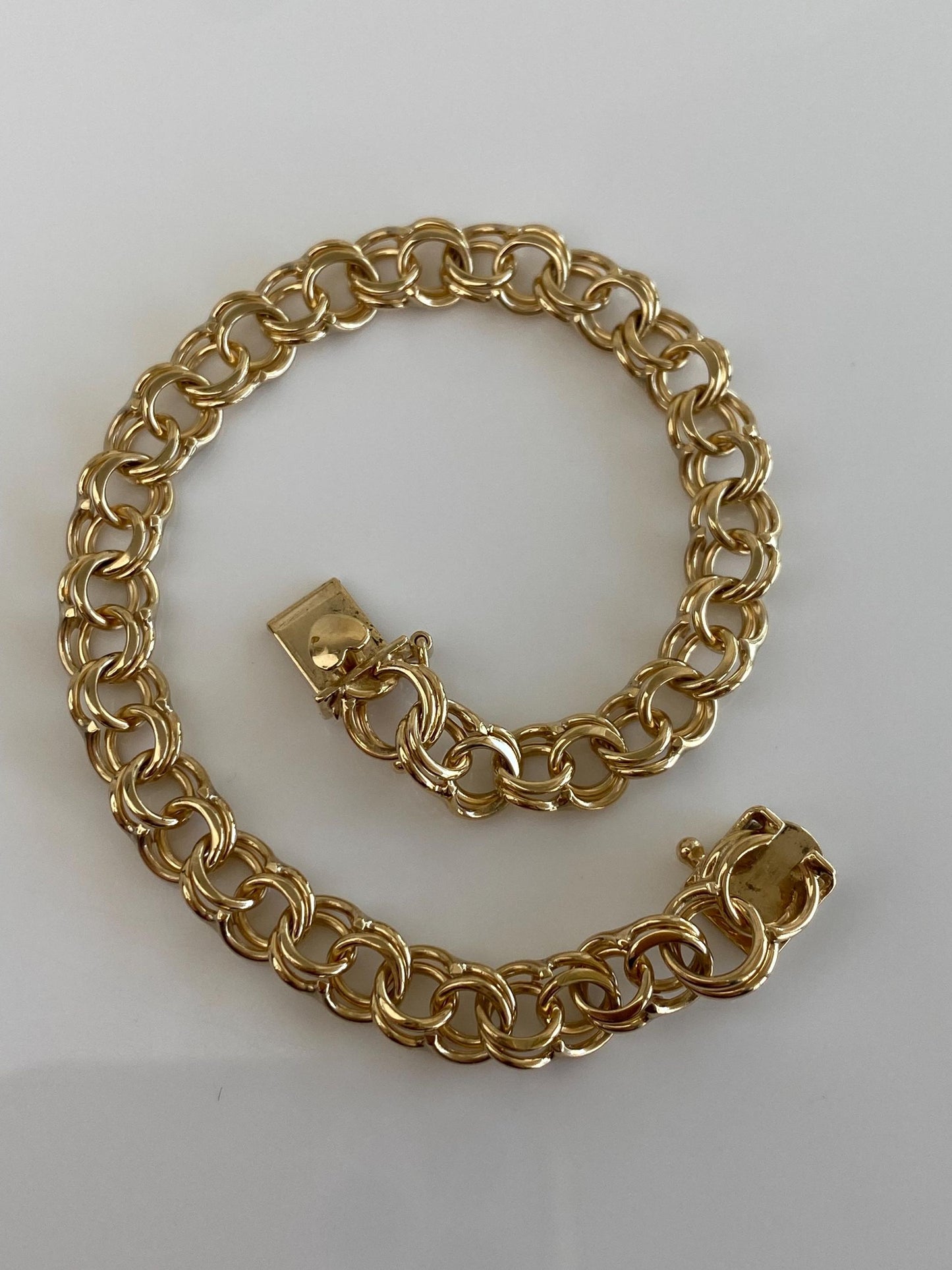 Vintage Solid 14k Yellow Gold Double Link Charm Bracelet - 7.25 inches