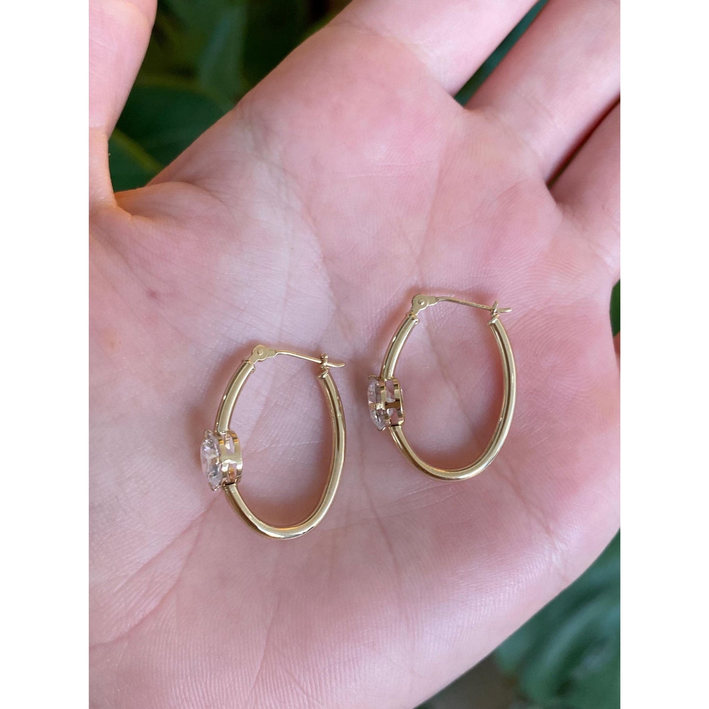 Vintage 14k Yellow Gold Cubic Zirconia Oval Hoop Earrings