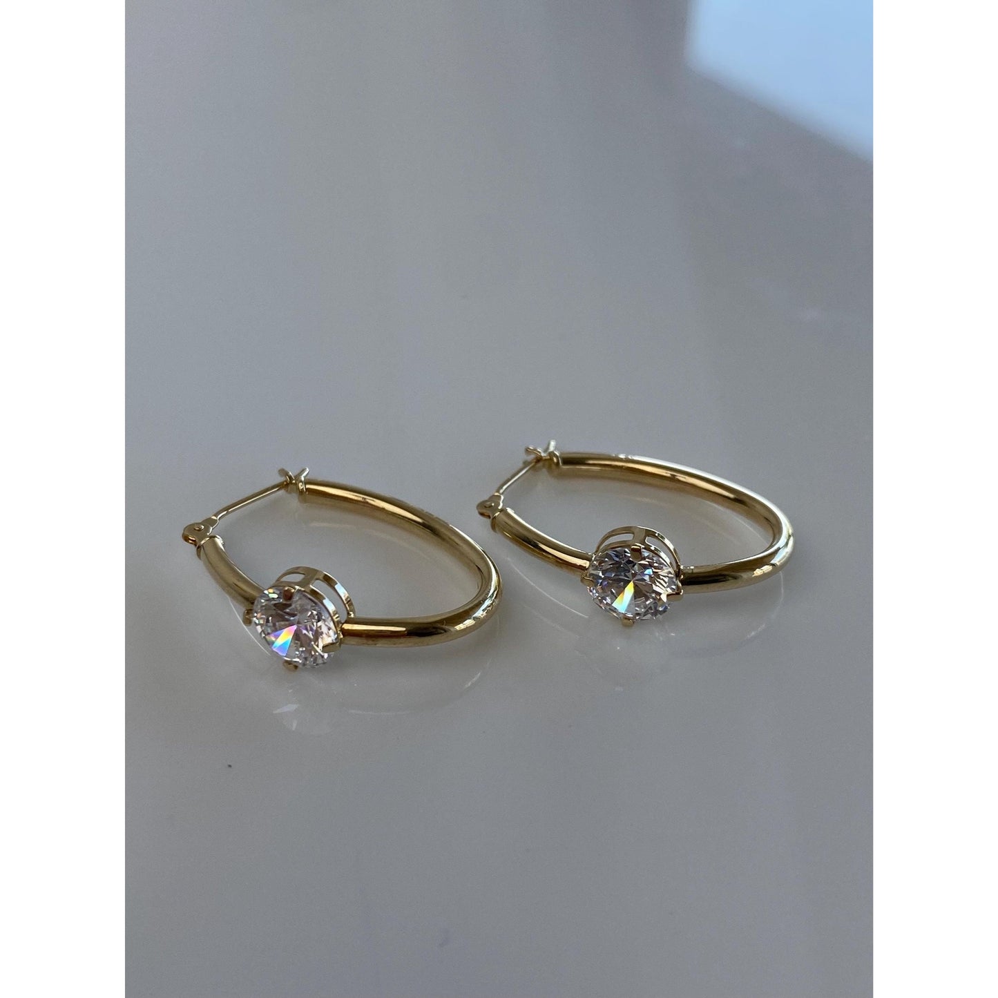 Vintage 14k Yellow Gold Cubic Zirconia Oval Hoop Earrings