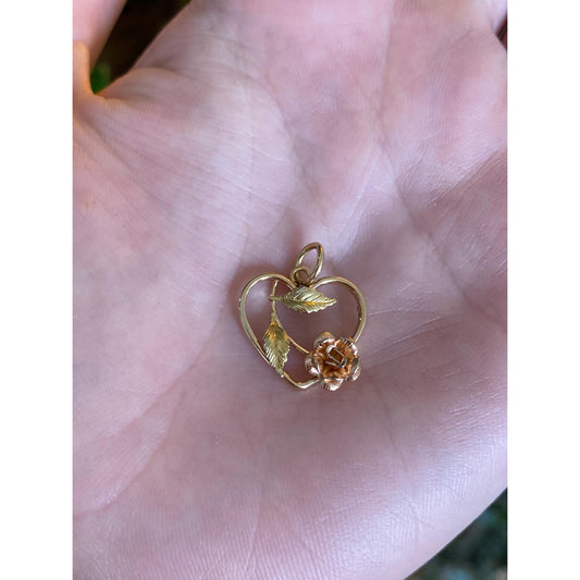 Vintage Solid 10k Multi Tone Gold Rose Flower Heart Charm