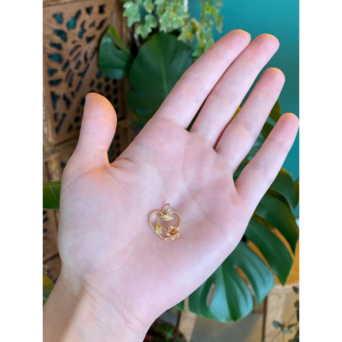 Vintage Solid 10k Multi Tone Gold Rose Flower Heart Charm