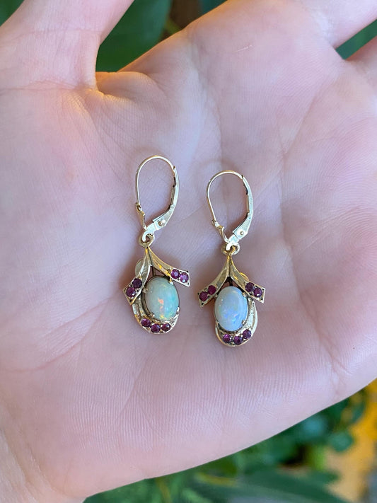Vintage Solid 10k Yellow Gold Opal Pink Sapphire Dangle Earrings