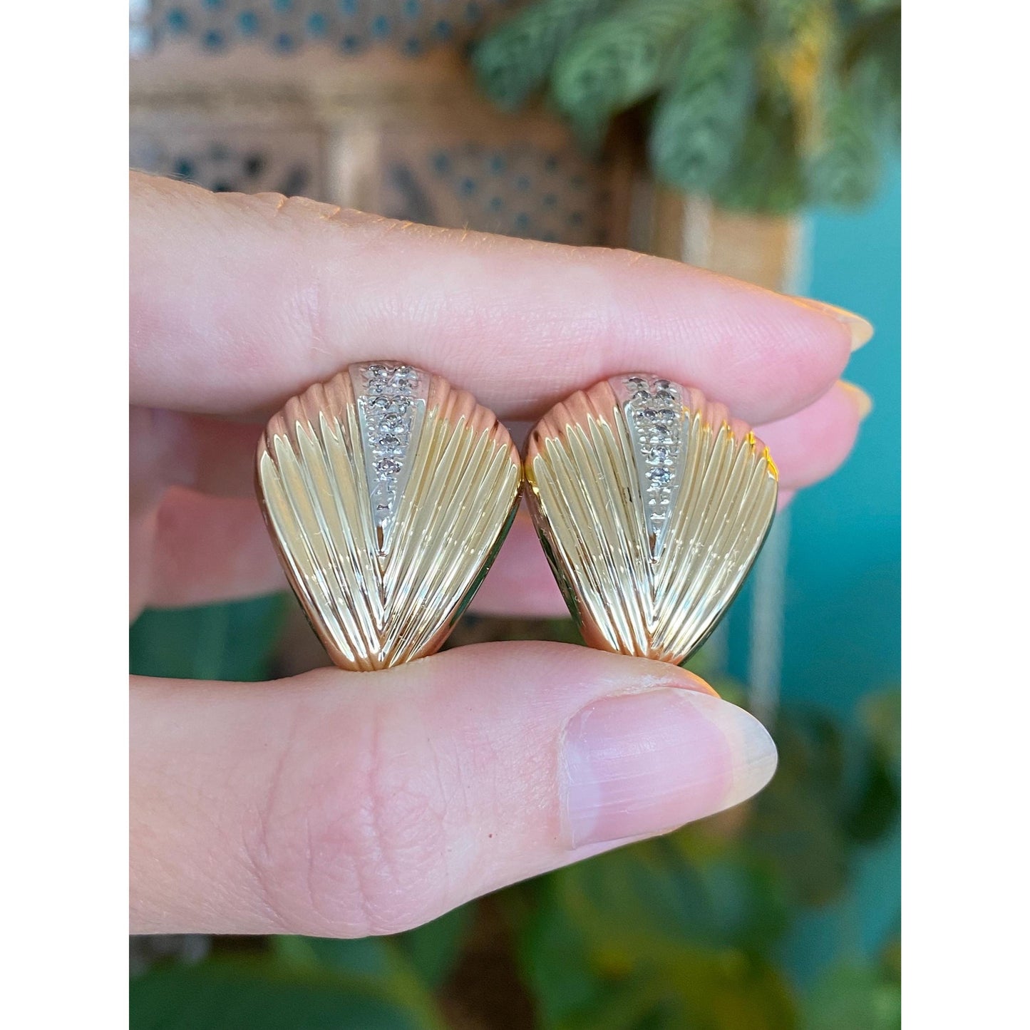 Vintage Solid 14k White & Yellow Gold Diamond Fluted Domed Earrings