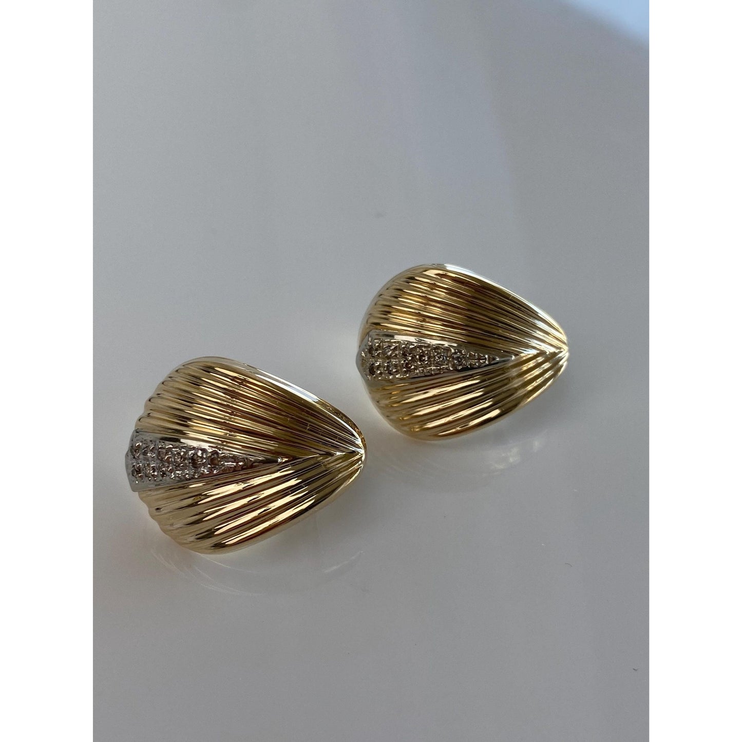 Vintage Solid 14k White & Yellow Gold Diamond Fluted Domed Earrings