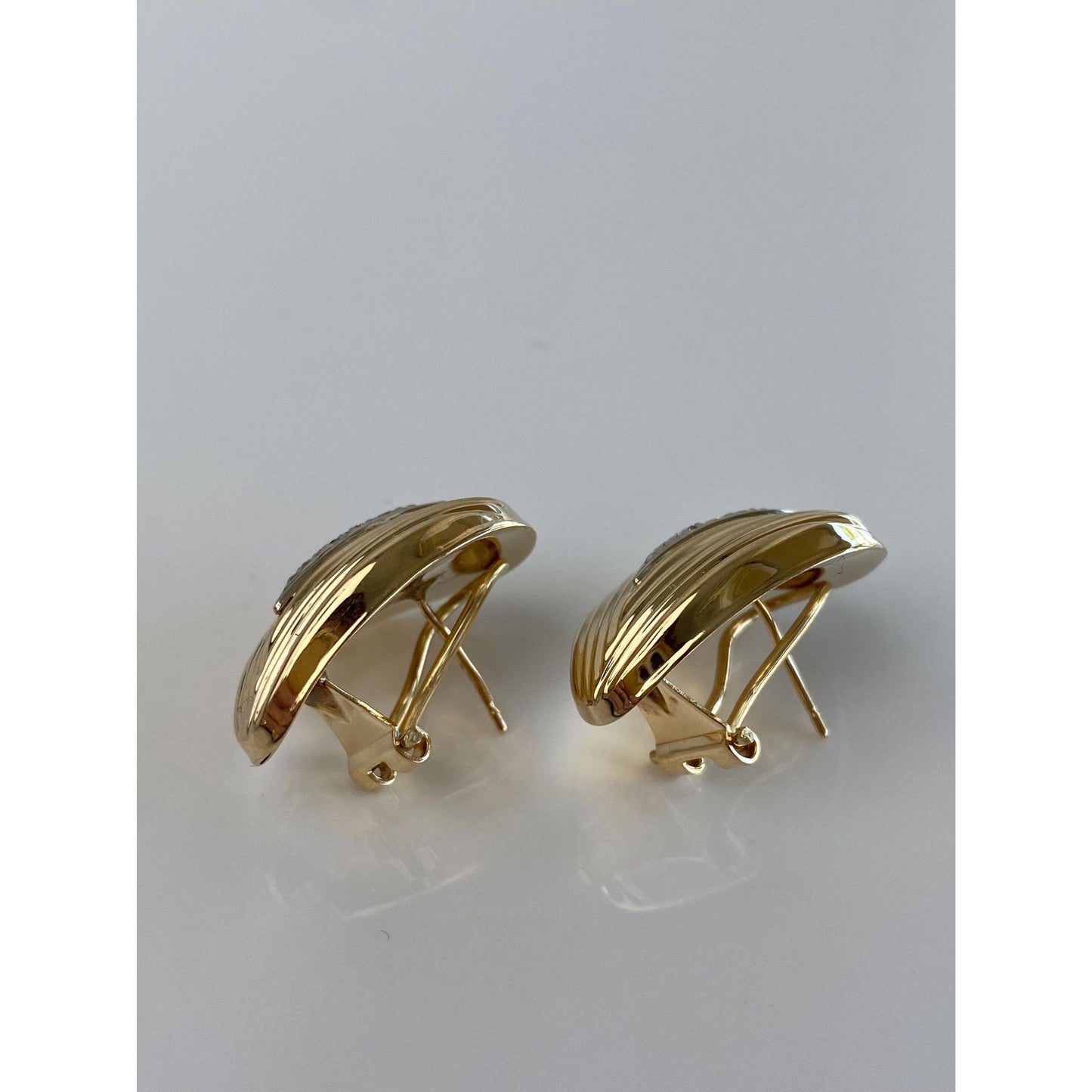 Vintage Solid 14k White & Yellow Gold Diamond Fluted Domed Earrings