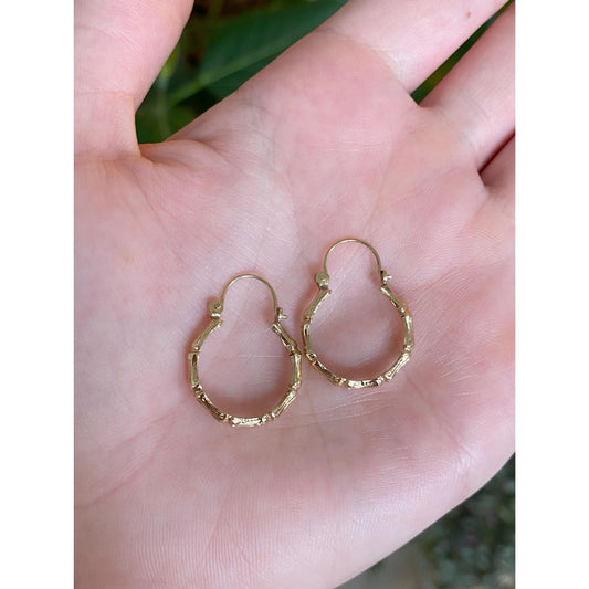 Vintage Solid 14k Yellow Gold Bamboo Hoop Earrings