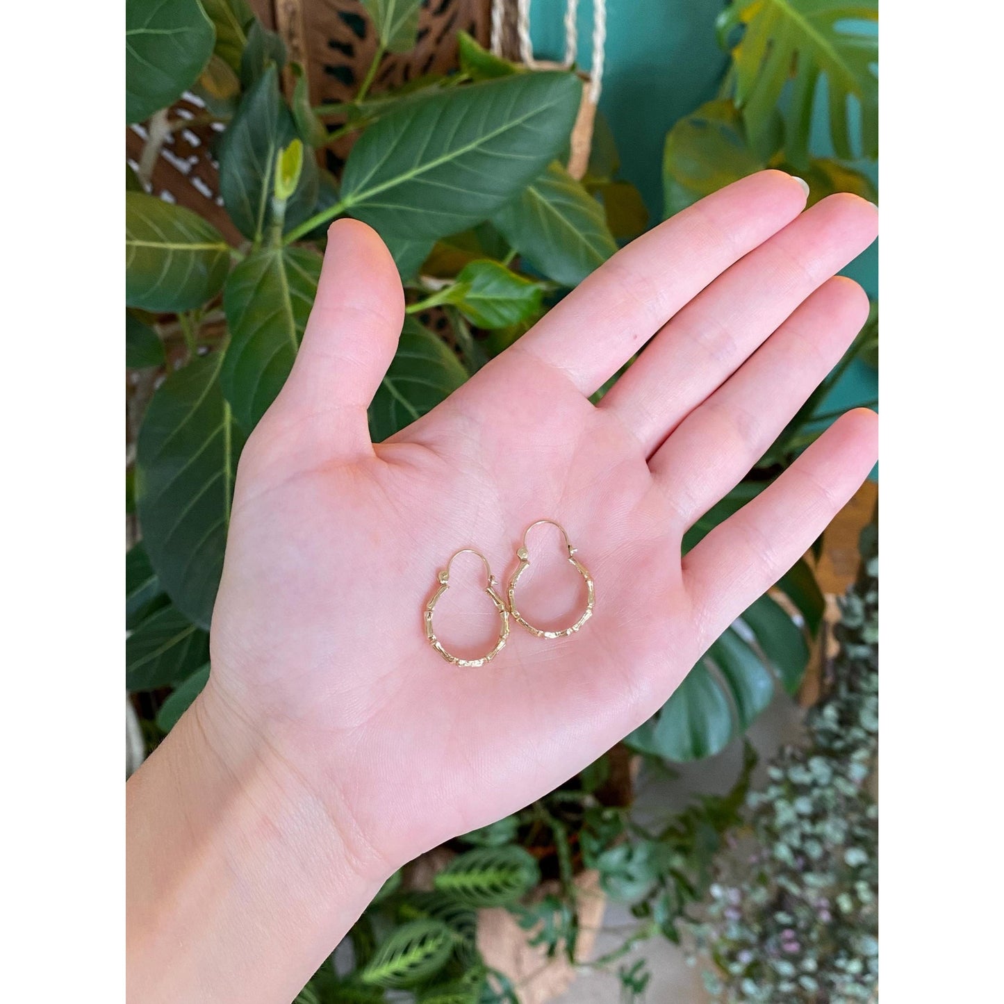 Vintage Solid 14k Yellow Gold Bamboo Hoop Earrings