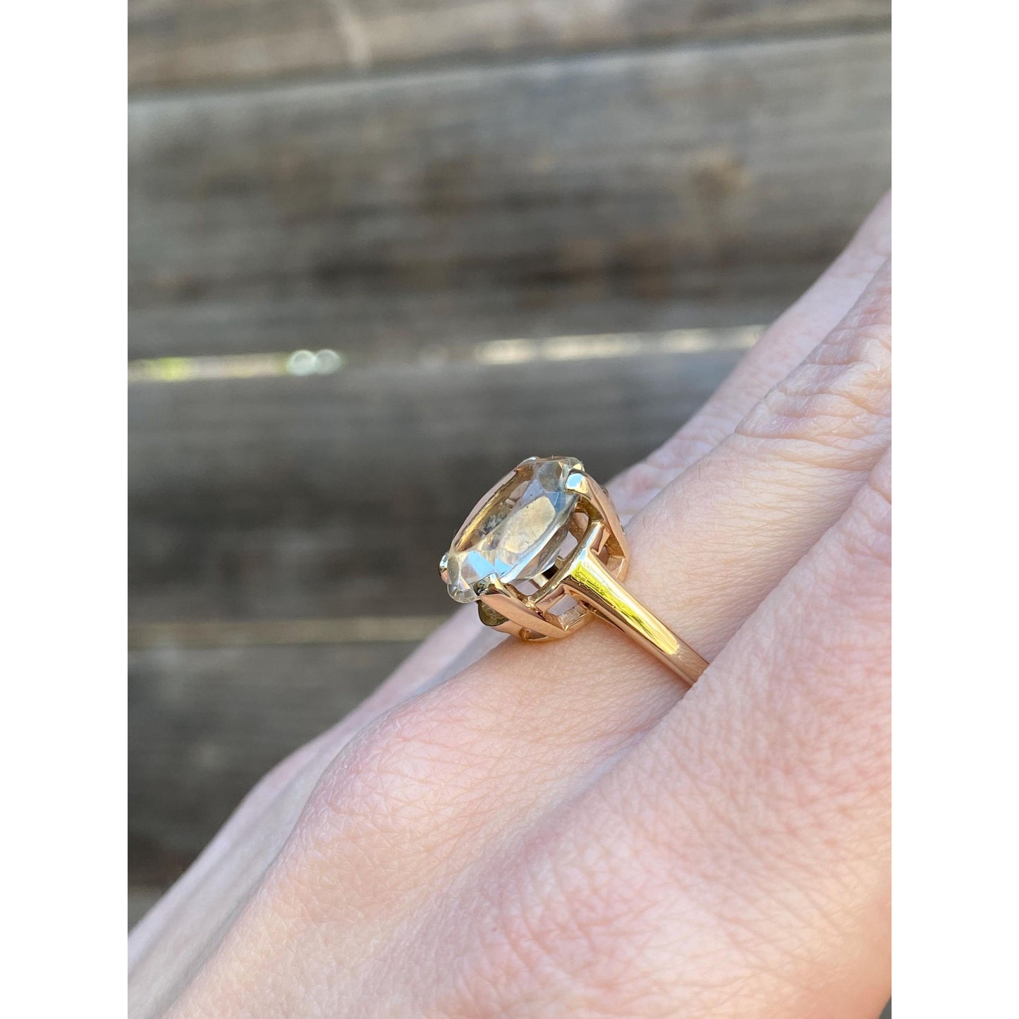 Vintage Solid 10k Yellow Gold Clear Quartz Ring - Size 7.5