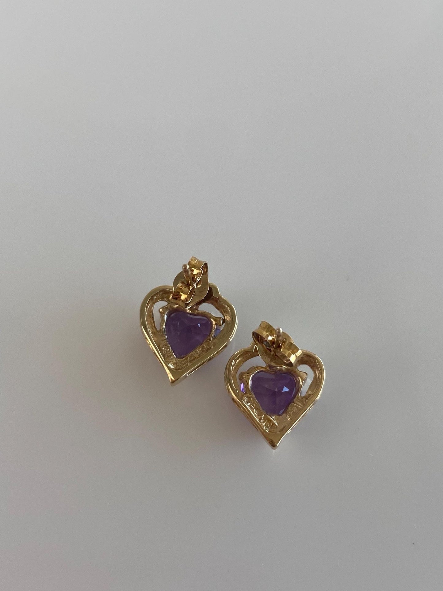 Vintage Solid 10k Yellow Gold Amethyst Heart & Diamond Stud Earrings