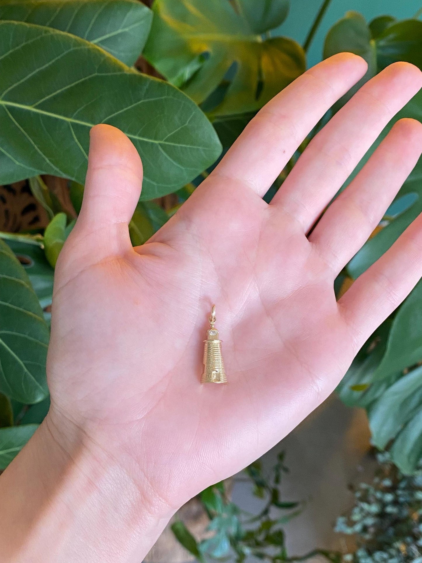 Vintage Solid 14k Yellow Gold Diamond Lighthouse Charm