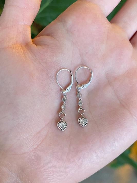 Vintage Solid 14k White Gold Diamond Hearts Dangle Earrings
