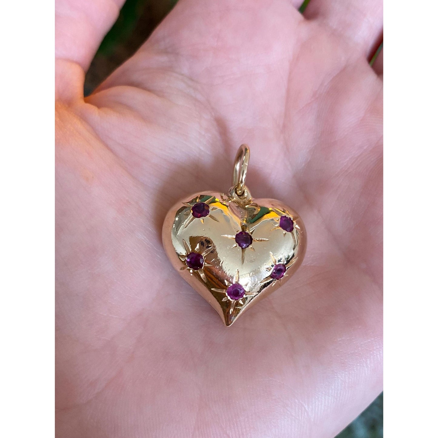 Vintage 14k Yellow Gold Ruby Blue Sapphire Large Puffy Heart Charm