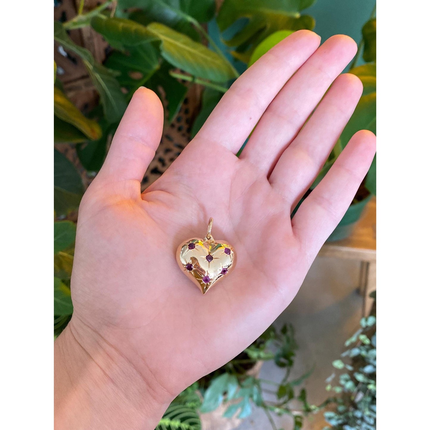 Vintage 14k Yellow Gold Ruby Blue Sapphire Large Puffy Heart Charm