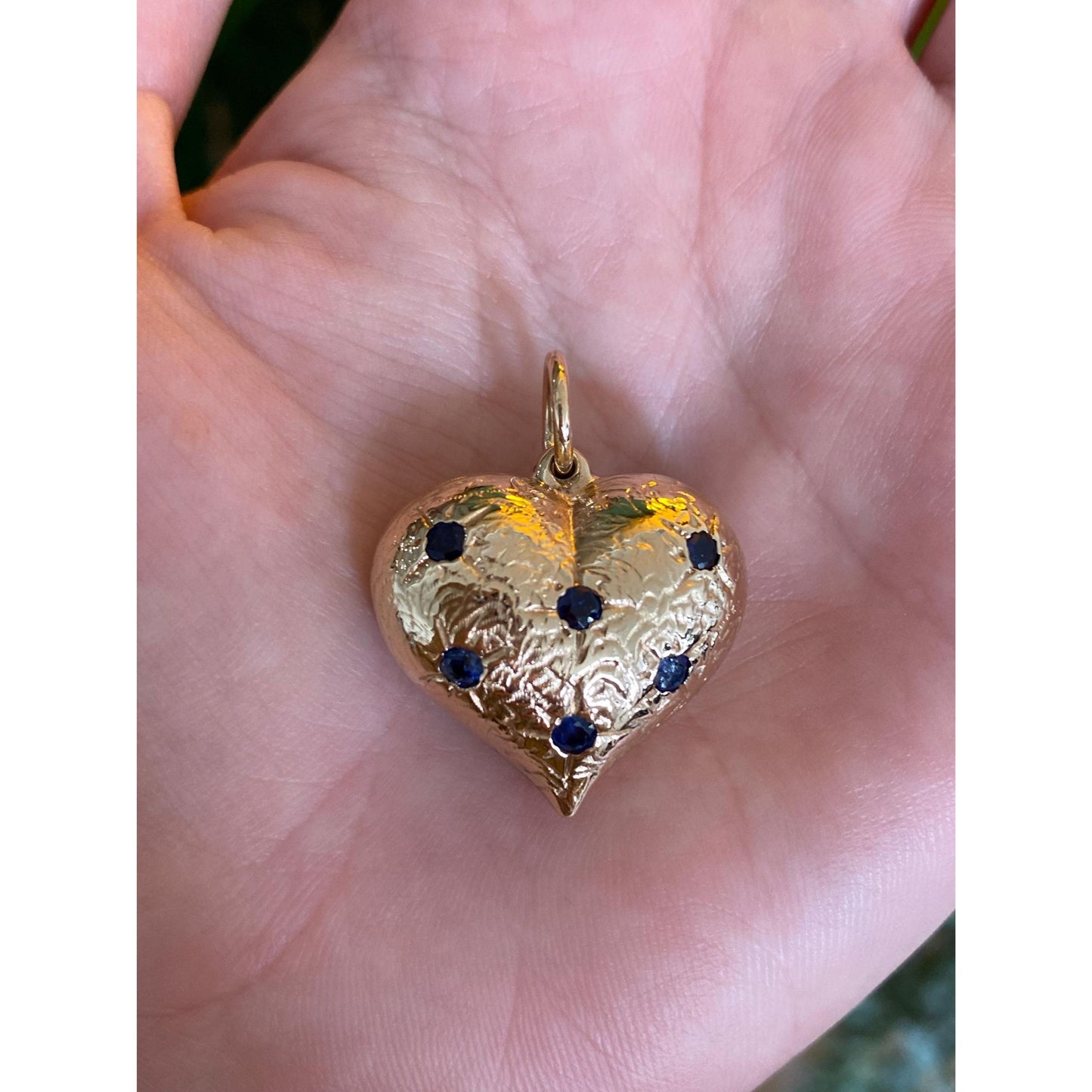 Vintage 14k Yellow Gold Ruby Blue Sapphire Large Puffy Heart Charm