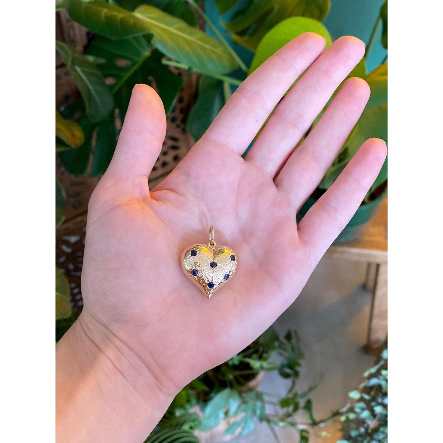 Vintage 14k Yellow Gold Ruby Blue Sapphire Large Puffy Heart Charm