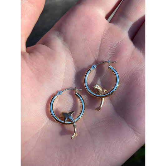 Vintage 14k Yellow Gold Dolphin Hoop Earrings