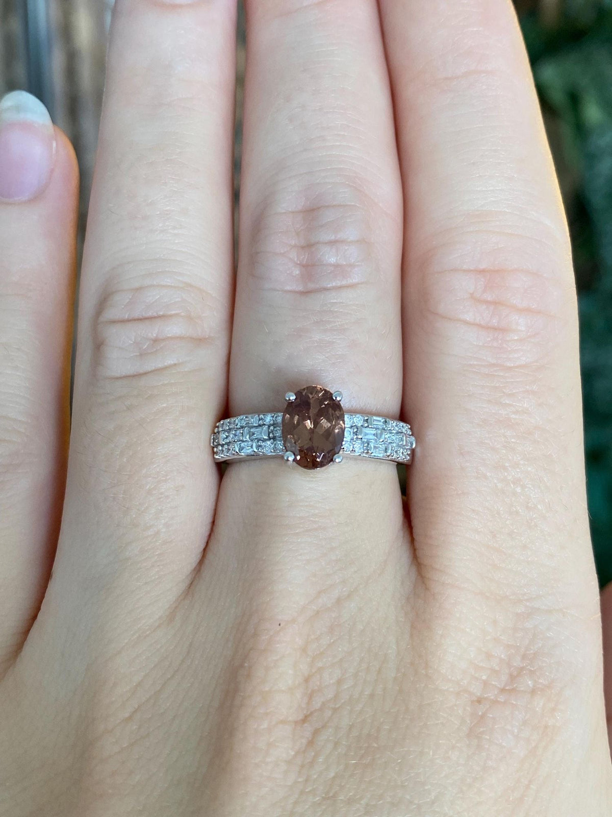 Vintage Solid 14k White Gold Smokey Quartz Baguette & Round Diamond Ring - Size 7