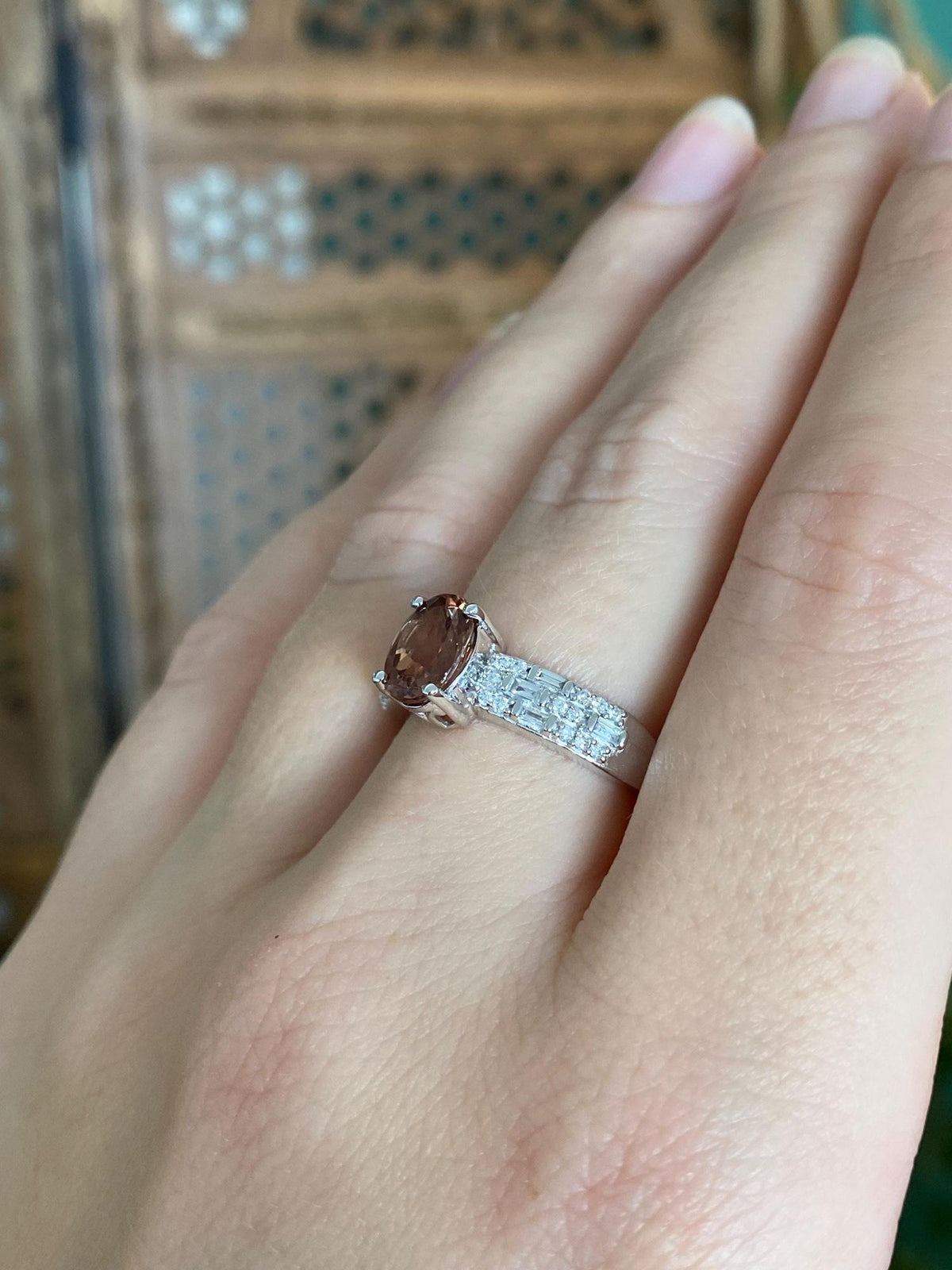 Vintage Solid 14k White Gold Smokey Quartz Baguette & Round Diamond Ring - Size 7
