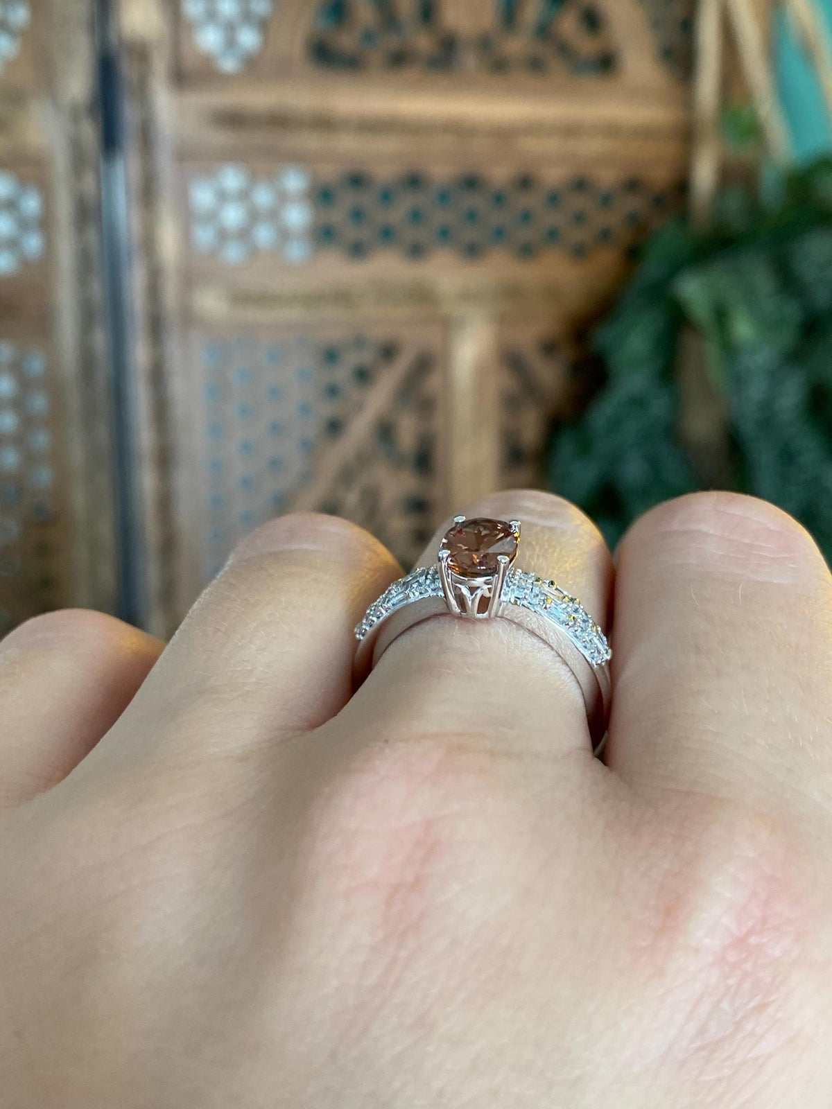 Vintage Solid 14k White Gold Smokey Quartz Baguette & Round Diamond Ring - Size 7