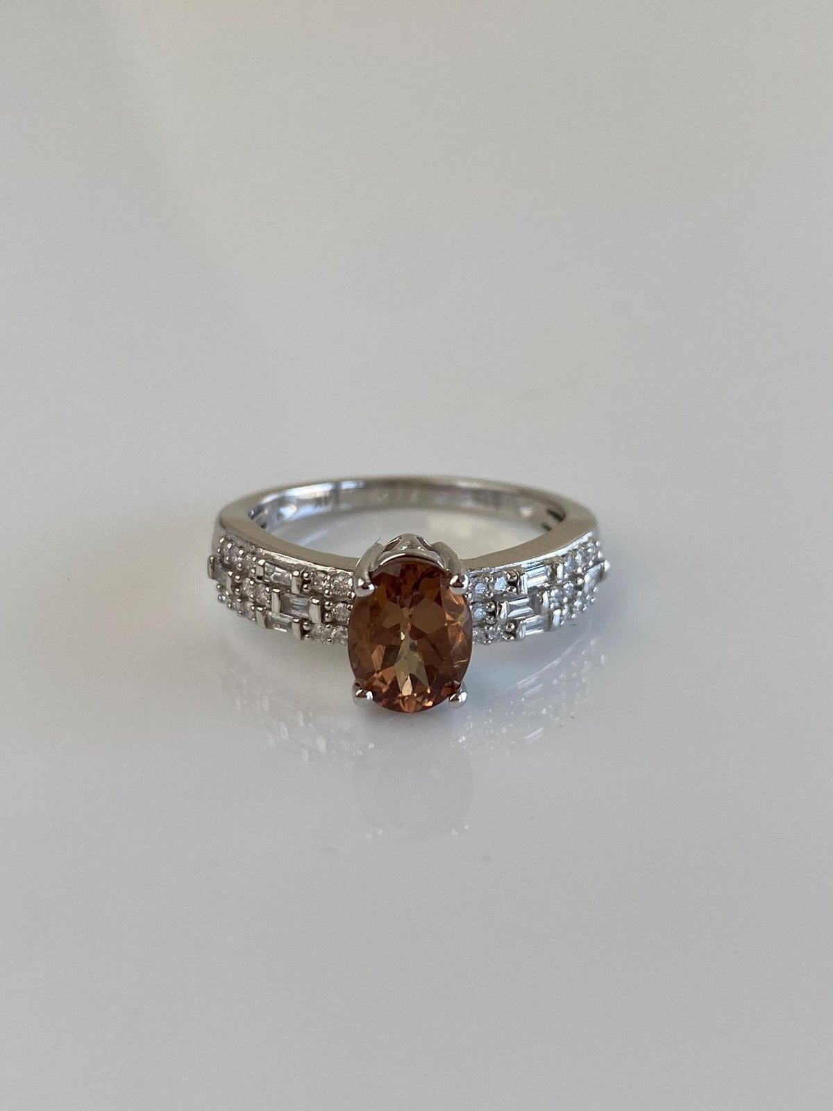 Vintage Solid 14k White Gold Smokey Quartz Baguette & Round Diamond Ring - Size 7