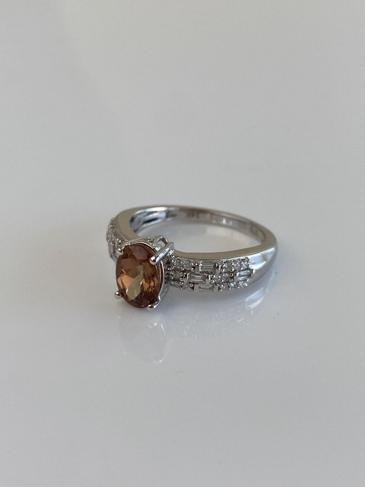Vintage Solid 14k White Gold Smokey Quartz Baguette & Round Diamond Ring - Size 7
