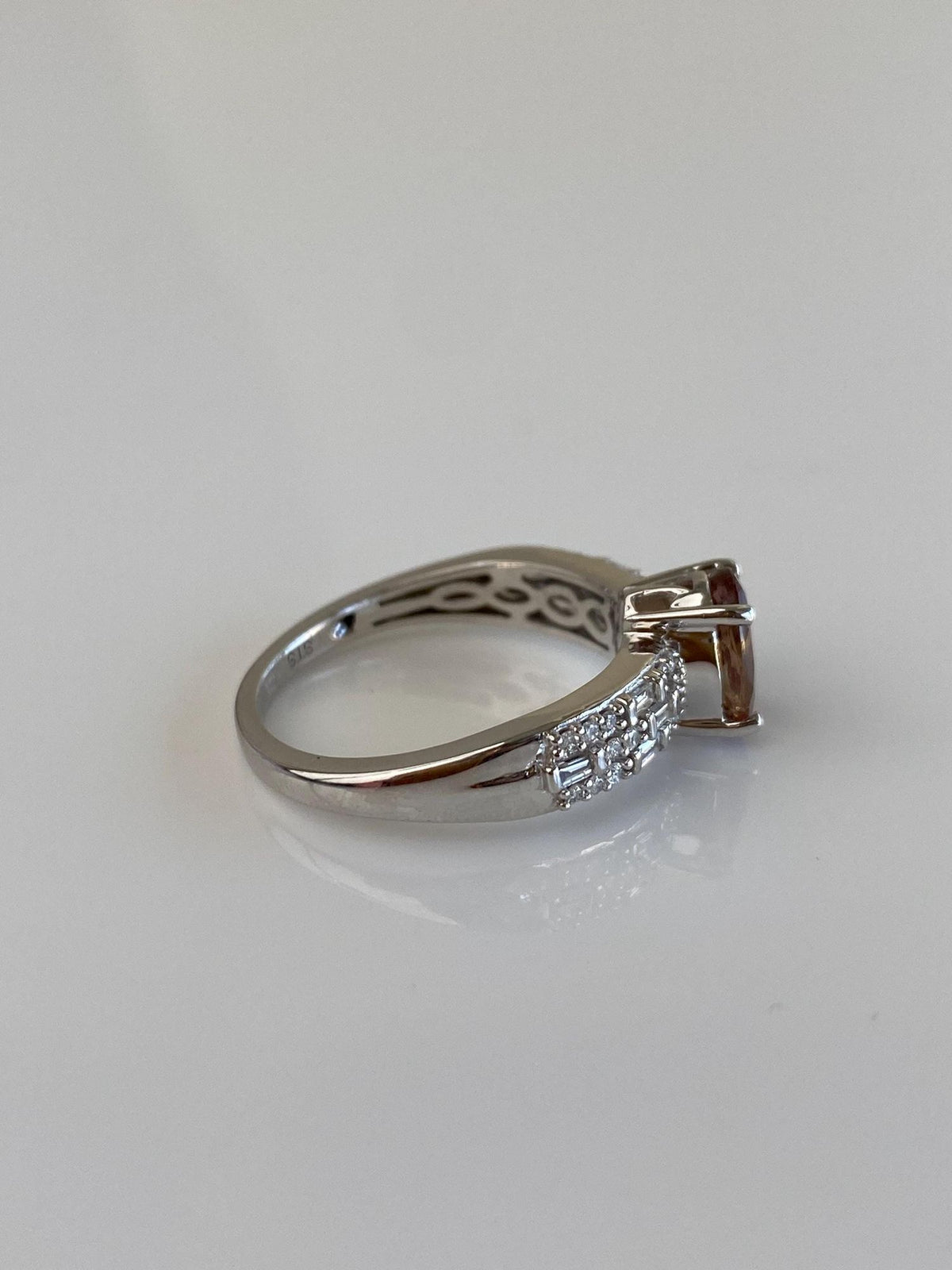 Vintage Solid 14k White Gold Smokey Quartz Baguette & Round Diamond Ring - Size 7