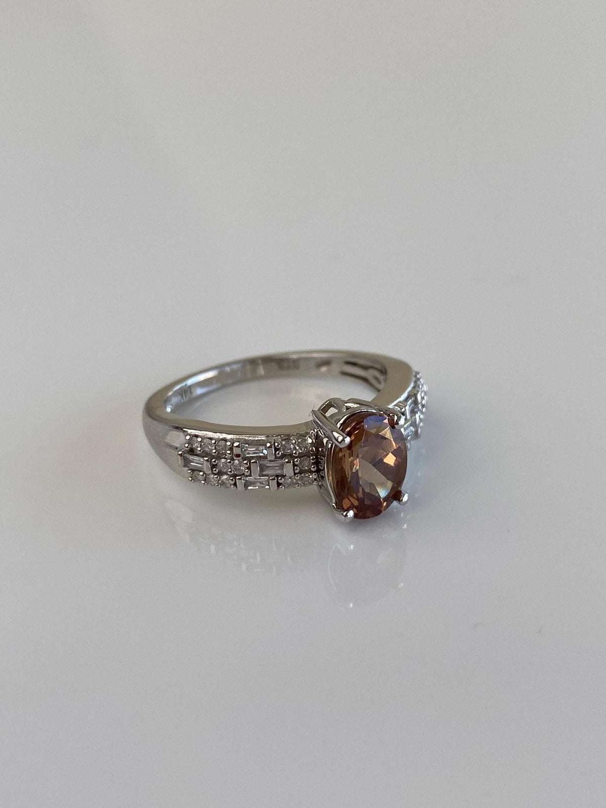 Vintage Solid 14k White Gold Smokey Quartz Baguette & Round Diamond Ring - Size 7