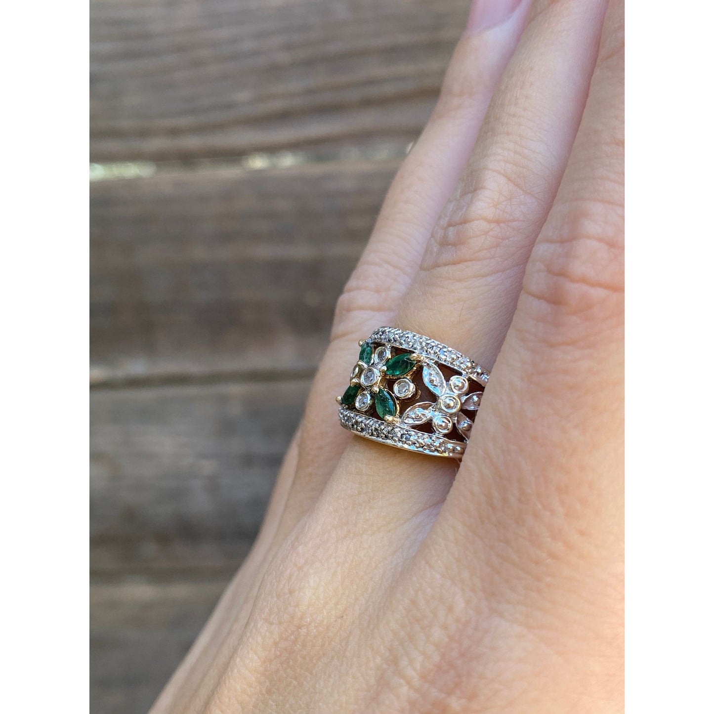 Vintage Solid 10k White & Yellow Gold Diamond Emerald Ring - Size 6