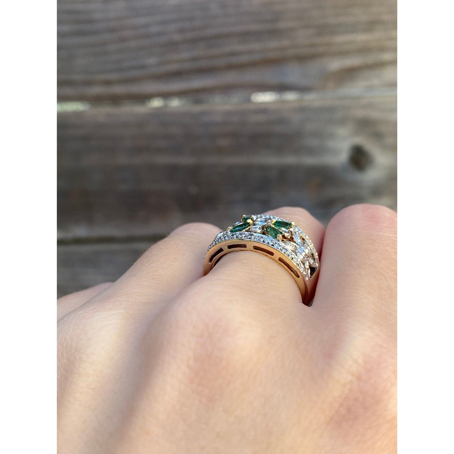Vintage Solid 10k White & Yellow Gold Diamond Emerald Ring - Size 6