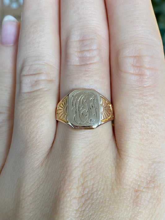 Vintage Solid 10k Rosey Gold Monogram Designed Signet Ring - Size 8.25